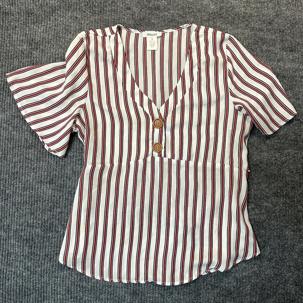 Persaya Striped V-Neck Blouse Small White Red Navy Tie Back Button Detail